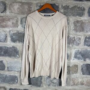 Northern Isles Mens Argyle‎ Sweater XL Silk Cashmere Blend Crew Neck Beige